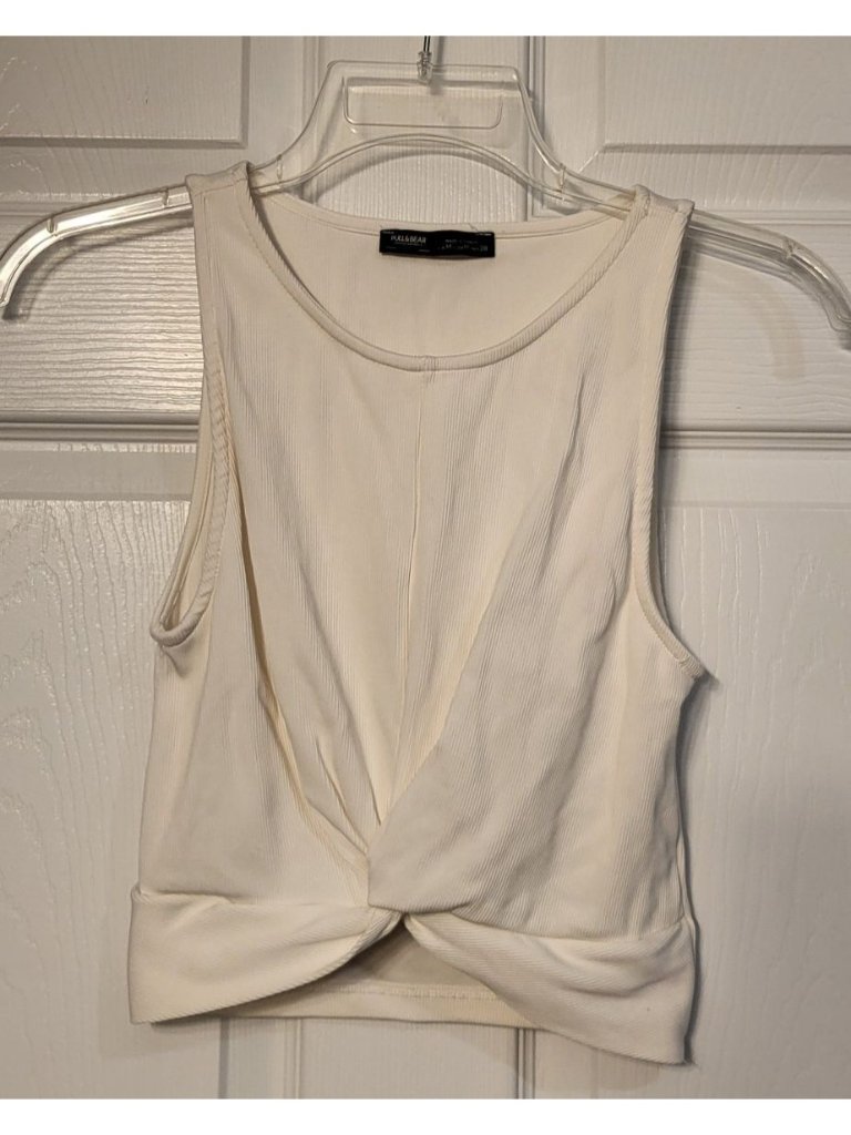 Pull & Bear Front Twist Cropped White Ribbed Tank Top Medium Lounge Athleisure